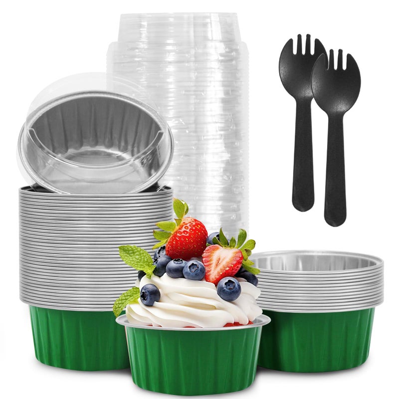 YOIYINI St. Patrick's Day 50Pcs Mini Aluminum Foil Cupcake Baking Cups,5oz Cake Pans Disposable,Mini Loaf Pans with Lids,Disposable Ramekins,Tin Cups Containers for Cupcake,Pudding,Muffin(50, Green) - Image 1
