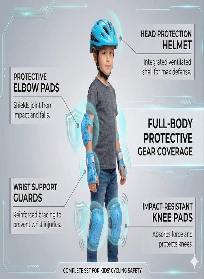 JERN® 7 Pieces Kids Children Roller Skating Bicycle Cycling Scooter Helmet Knee Elbow Pad Wrist Guard Set (Blue) - Image 3