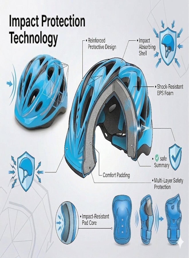 JERN® 7 Pieces Kids Children Roller Skating Bicycle Cycling Scooter Helmet Knee Elbow Pad Wrist Guard Set (Blue) - Image 4