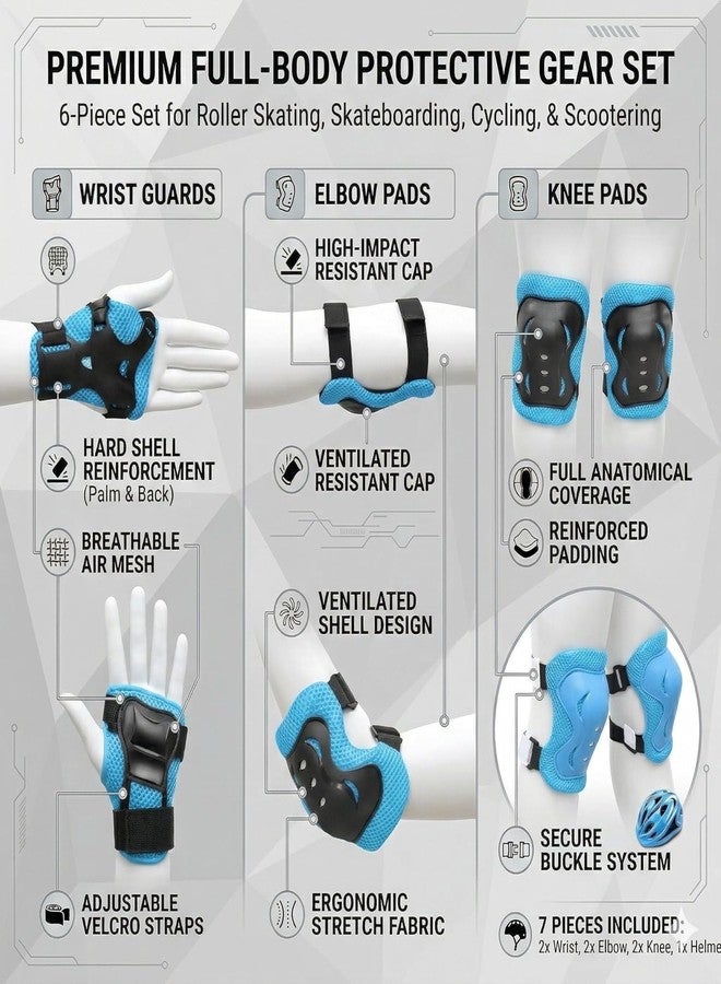JERN® 7 Pieces Kids Children Roller Skating Bicycle Cycling Scooter Helmet Knee Elbow Pad Wrist Guard Set (Blue) - Image 2