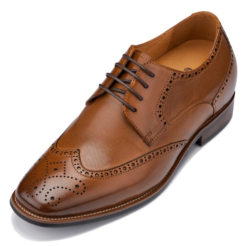 CALTO Mens Invisible Height Increasing Elevator Shoes Brown Premium Leather Wingtip Laceup Formal Oxfords 3 Inches Taller Y10652 Size 9 DM US