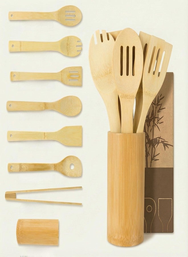 May Eileen Bamboo Cooking Utensils 8-Piece, Wooden Kitchen Tools with Holder, Non-Toxic Natural Spatula & Spoon Kit with Turner, Slotted Spoon, Ladle, Tongs & Salad Fork - Image 1