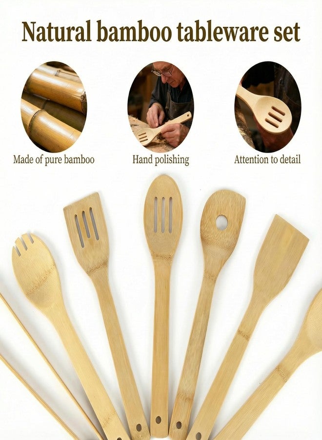 May Eileen Bamboo Cooking Utensils 8-Piece, Wooden Kitchen Tools with Holder, Non-Toxic Natural Spatula & Spoon Kit with Turner, Slotted Spoon, Ladle, Tongs & Salad Fork - Image 2