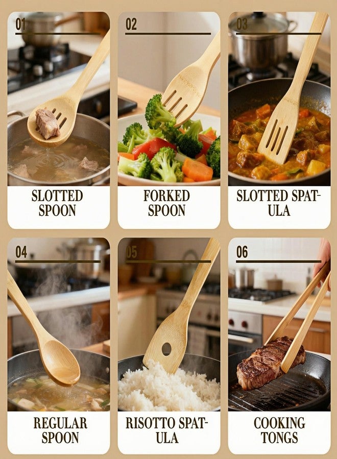 May Eileen Bamboo Cooking Utensils 8-Piece, Wooden Kitchen Tools with Holder, Non-Toxic Natural Spatula & Spoon Kit with Turner, Slotted Spoon, Ladle, Tongs & Salad Fork - Image 5