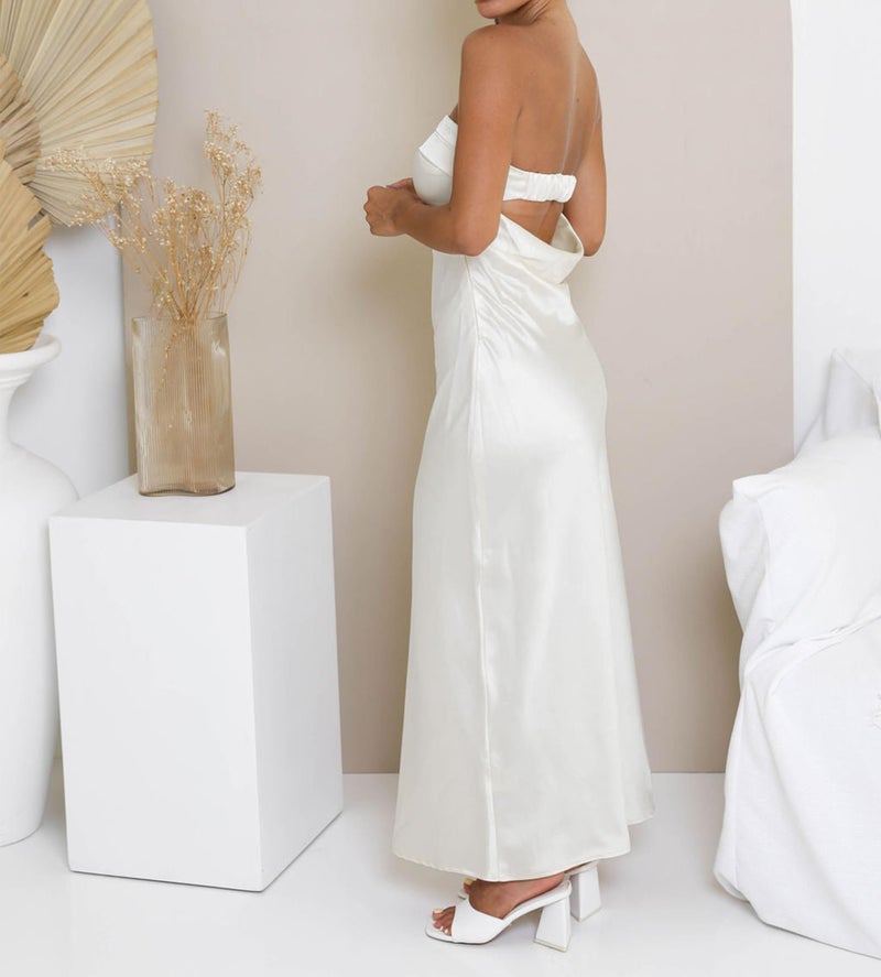 MEROKEETY Women 2025 Summer Strapless Satin Tube Bodycon Backless Wedding Guest Maxi Dress, Ivory, M - Image 3