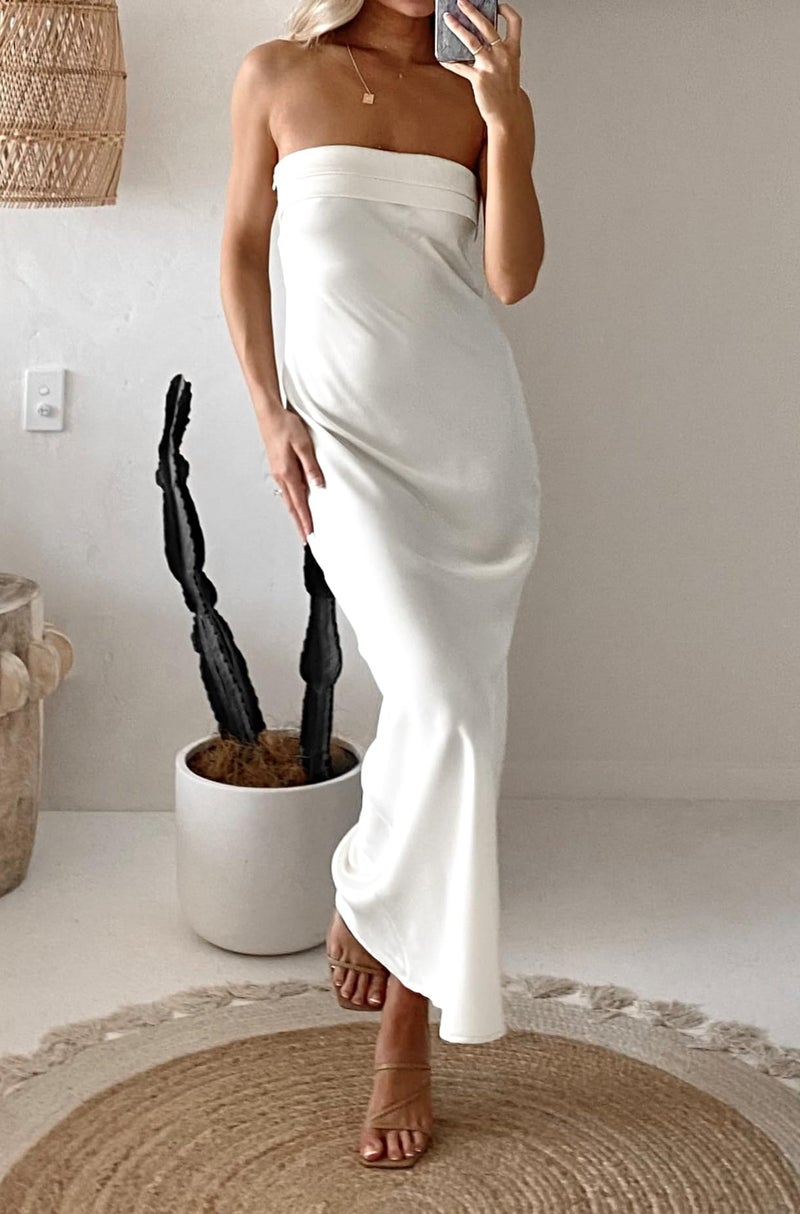 MEROKEETY Women 2025 Summer Strapless Satin Tube Bodycon Backless Wedding Guest Maxi Dress, Ivory, M - Image 2