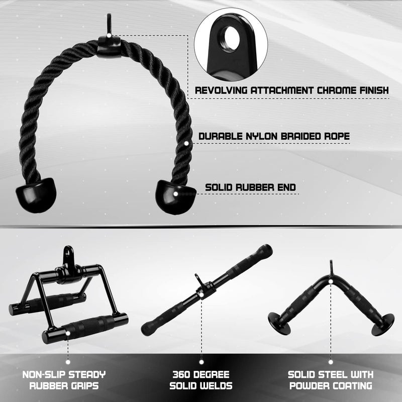 Yes4All Black Combo Tricep Press Down Cable Machine Attachment, LAT Pulldown Attachments for Gym Set with Tricep Pull Down Rope, Double D Handles, V-Shaped Bar and Rotating Pull Down Straight Bar - Image 3