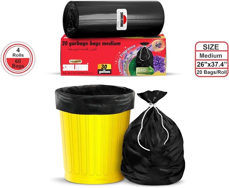 SHALIMAR 30-Gallon (65×95cm), 60 Pcs (20x3 Rolls), OXO-Biodegradable Heavy-Duty Black Premium Garbage Bags with Fragrance & Perforation - Image 4