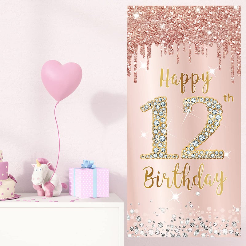 Excelloon 12th Birthday Door Banner Decorations for Girls  Pink Rose Gold Happy 12 Birthday Sign Door Cover Backdrop Party Supplies  Large 12 Year Old Birthday Poster Background Photo Booth Props Party Decor - Image 3