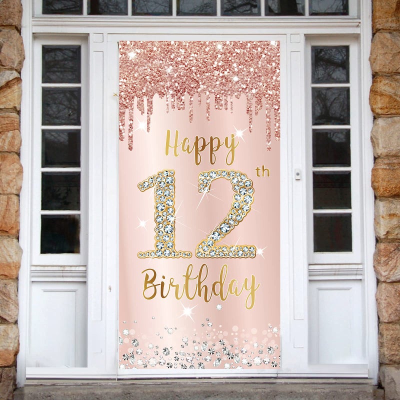 Excelloon 12th Birthday Door Banner Decorations for Girls  Pink Rose Gold Happy 12 Birthday Sign Door Cover Backdrop Party Supplies  Large 12 Year Old Birthday Poster Background Photo Booth Props Party Decor - Image 5