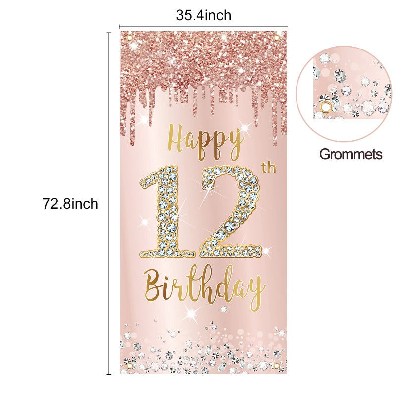Excelloon 12th Birthday Door Banner Decorations for Girls  Pink Rose Gold Happy 12 Birthday Sign Door Cover Backdrop Party Supplies  Large 12 Year Old Birthday Poster Background Photo Booth Props Party Decor - Image 2