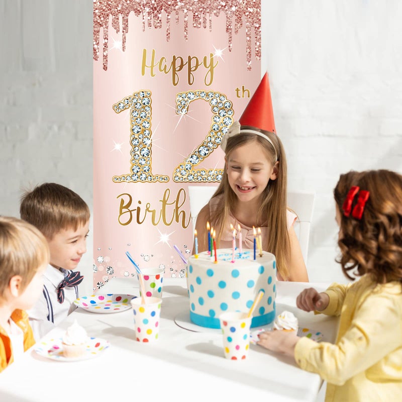 Excelloon 12th Birthday Door Banner Decorations for Girls  Pink Rose Gold Happy 12 Birthday Sign Door Cover Backdrop Party Supplies  Large 12 Year Old Birthday Poster Background Photo Booth Props Party Decor - Image 4