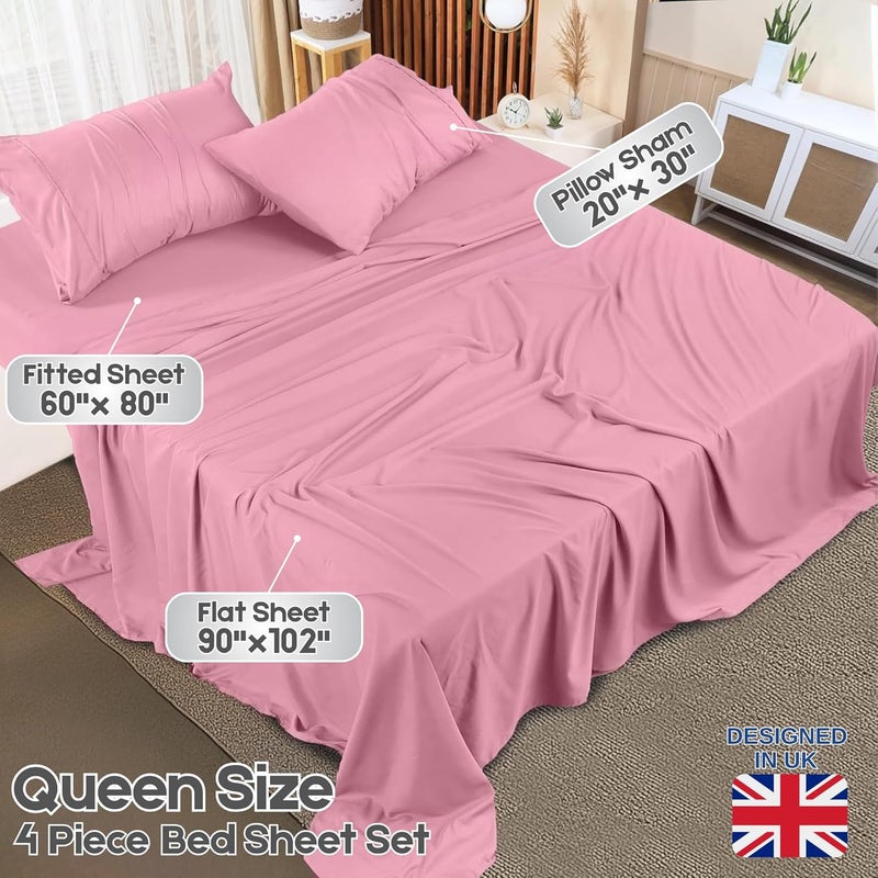 FOAM CRAFT Hotel Quality 100% Cotton 4 Piece Bed Sheet Set Queen Size - Pink - Image 2