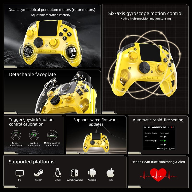 Voacle RG G01 Interactive Screen Wireless Gaming Controller Compatible with PC/Steam/Linux/Android/Switch/IOS 2.4G Wireless Bluetooth Controller Gamepad Hall Effect Triggers(Yellow) - Image 5