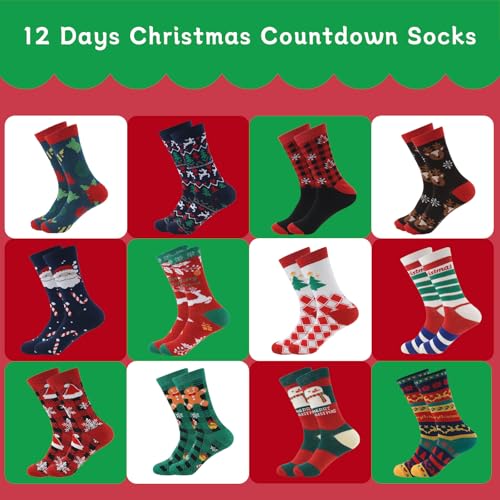 ANOTION 12 Days of Christmas Socks Advent Calendar for Men – Advent Calendar 2024 Festive Holiday Countdown with 12 Pairs of Fun and Colorful Christmas-Themed Socks White Elephant Gift for Men - Image 3