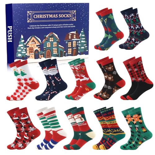 ANOTION 12 Days of Christmas Socks Advent Calendar for Men – Advent Calendar 2024 Festive Holiday Countdown with 12 Pairs of Fun and Colorful Christmas-Themed Socks White Elephant Gift for Men - Image 1