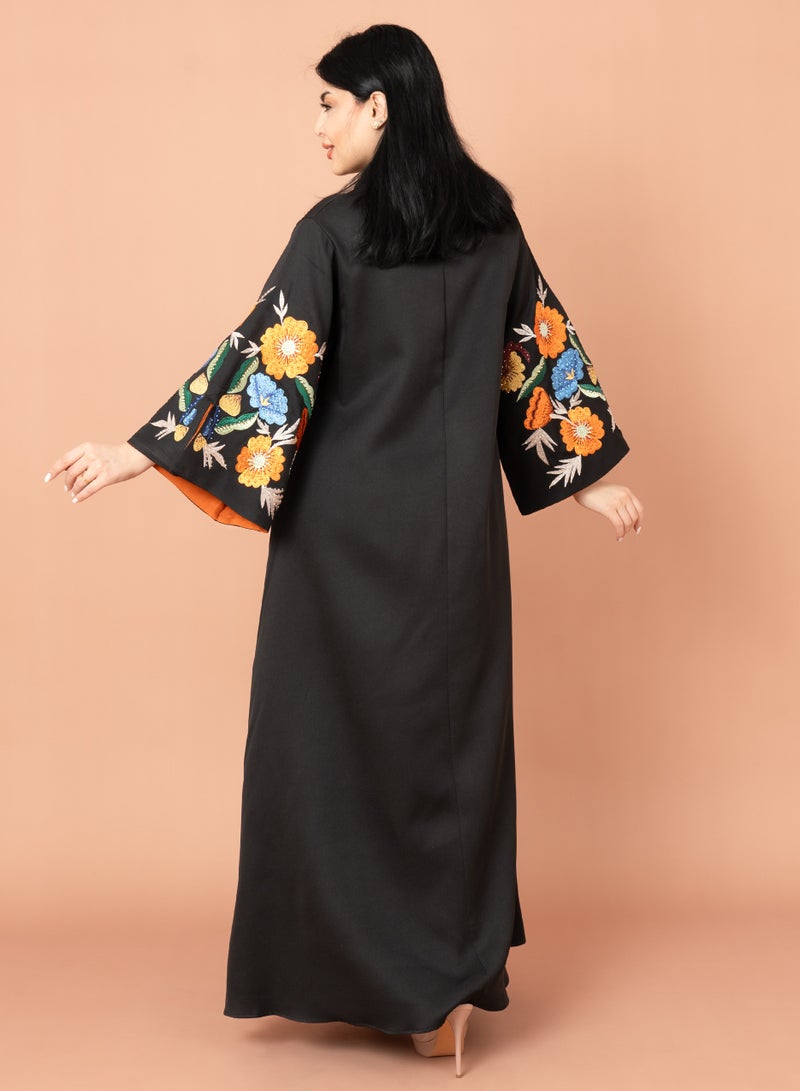 IKKXA Solid Embroidery Elegant Jalabiya Black - Image 4