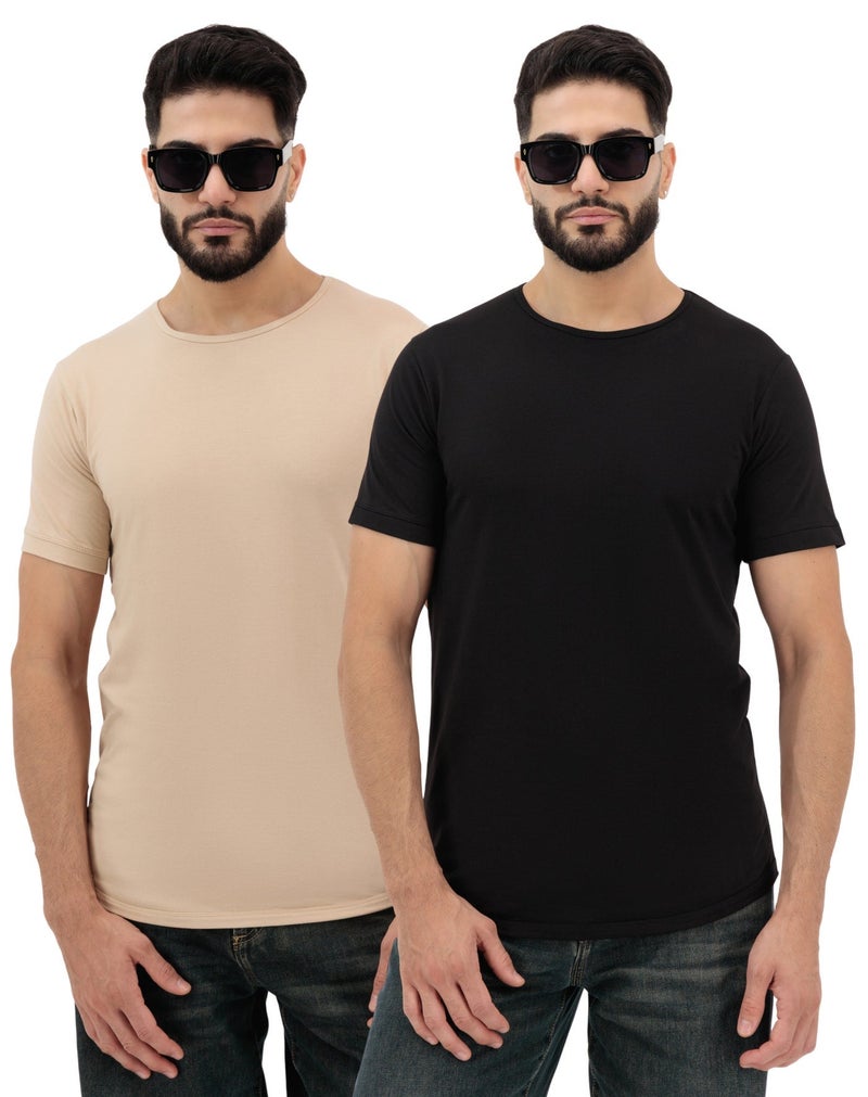 Vasl Hub VaslHub Cotton Plain T-Shirts for Men – Crew Neck Regular Fit 2-Pack (Sandstone & Black) - Image 1