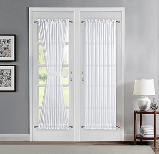LinenZone Luxury Sheer French Door Curtains. 2 Faux Linen White French Door Curtain Panels with 2 Tiebacks. Door - Image 1