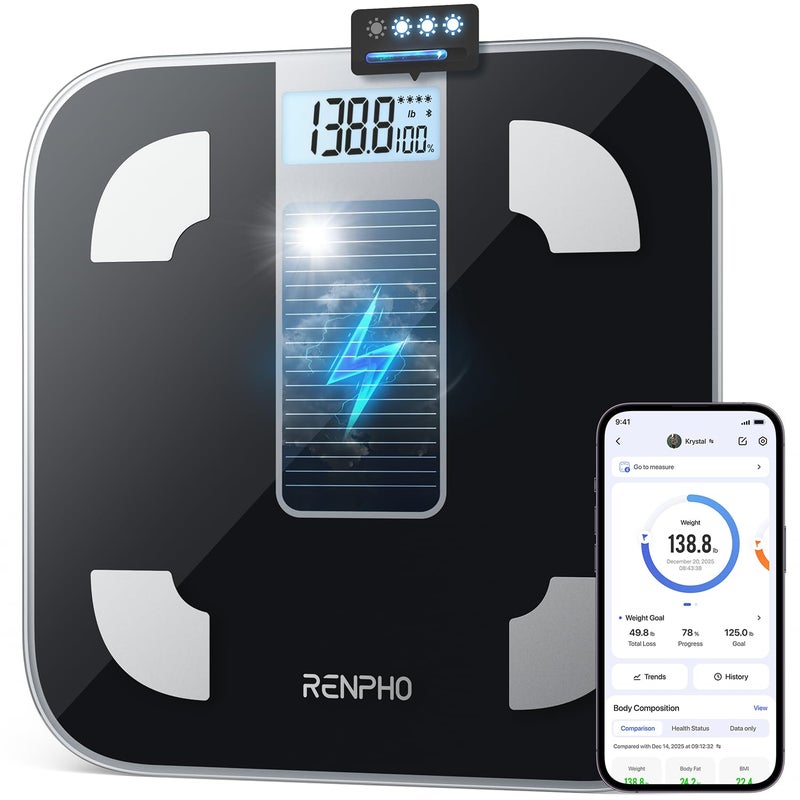 RENPHO Scale for Body Weight, Battery-Free Solar Power Digital Bathroom Smart Scale Bluetooth Body Fat Scale, Body Composition Monitor with App 400lbs - Elis Solar - Image 1