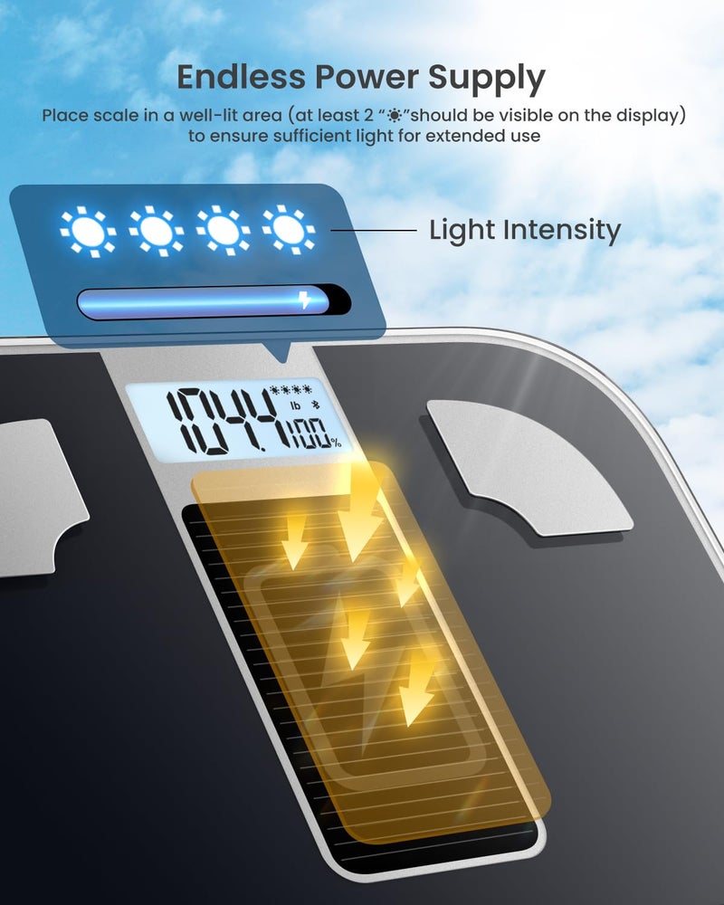 RENPHO Scale for Body Weight, Battery-Free Solar Power Digital Bathroom Smart Scale Bluetooth Body Fat Scale, Body Composition Monitor with App 400lbs - Elis Solar - Image 2