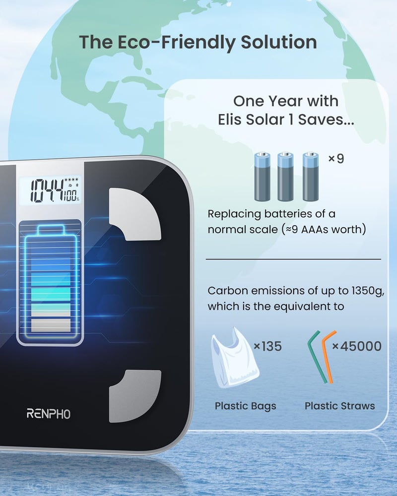 RENPHO Scale for Body Weight, Battery-Free Solar Power Digital Bathroom Smart Scale Bluetooth Body Fat Scale, Body Composition Monitor with App 400lbs - Elis Solar - Image 3