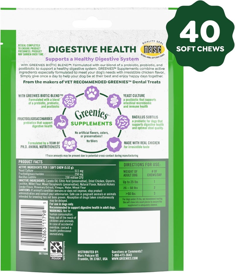 Greenies Supplements Digestive Health Probiotics for Dogs Chicken Flavor, 7.8 oz. Pouch of 40 ct. - Image 2