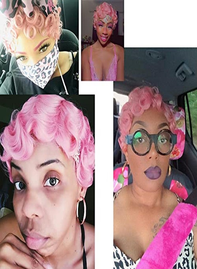 بارويسي باروكة شعر قصيرة وردية اللون من بارويسي، باروكة بيكسي للنساء، شعر صناعي مموج مجعد - Image 2