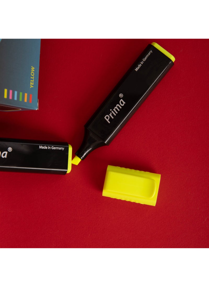 بريما قلم تحديد أصفر | 10 حبات في الكرتون | صنع في المانيا | حبر فسفوري ساطع لرؤية واضحة، طرف مائل لخطوط متعددة، تركيبة سريعة الجفاف، غير سامة وآمنة للاستخدام اليومي - Image 2