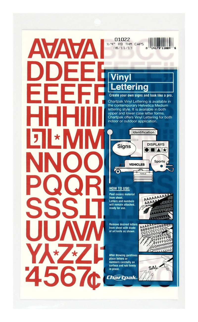 Chartpak SelfAdhesive Vinyl Capital Letters and Numbers 34 Inches High Red 94 per Pack 01022