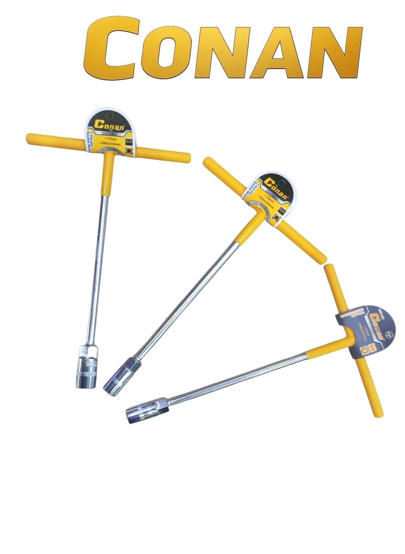 CONAN T-Handle Socket Wrench – Sizes 14mm, 15mm, 17mm – Heavy-Duty Cr-V Chrome Vanadium Steel – Non-Slip Coated Handle – Professional Performance for Workshop & Maintenance - Image 1