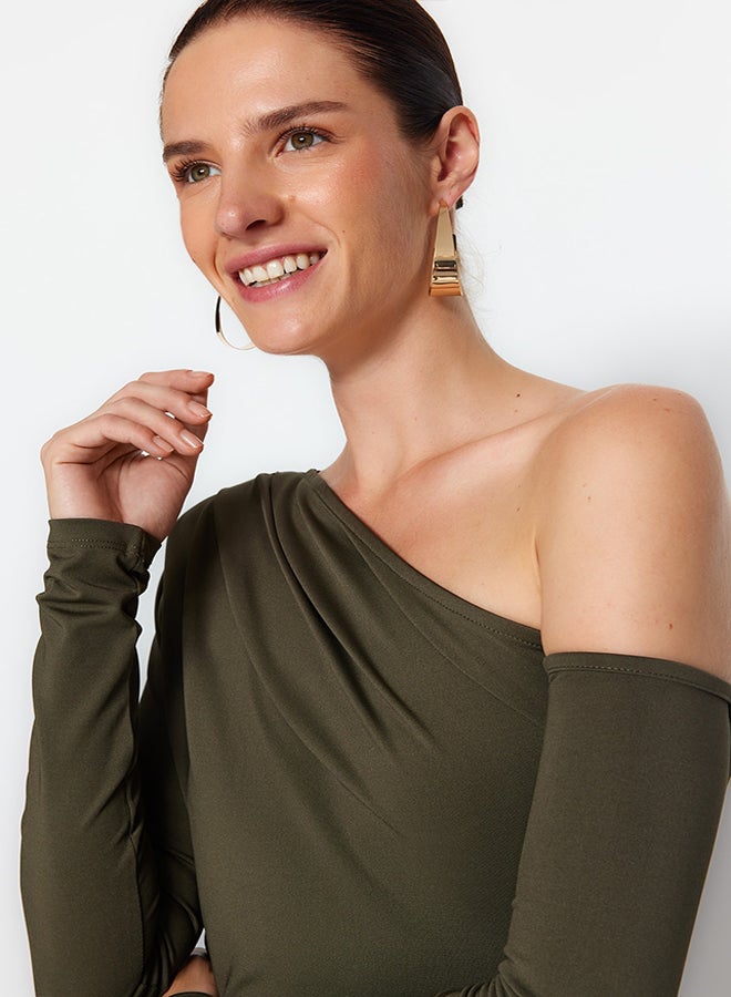 trendyol Khaki Asymmetric Collar Long Sleeve Flexible Snaps Knitted Bodysuit TWOAW22BD0080 - Image 1