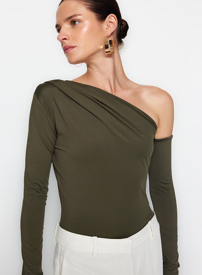 trendyol Khaki Asymmetric Collar Long Sleeve Flexible Snaps Knitted Bodysuit TWOAW22BD0080 - Image 3