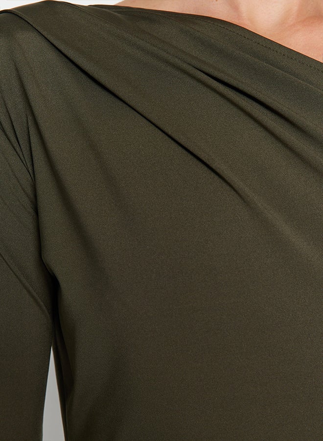 trendyol Khaki Asymmetric Collar Long Sleeve Flexible Snaps Knitted Bodysuit TWOAW22BD0080 - Image 5