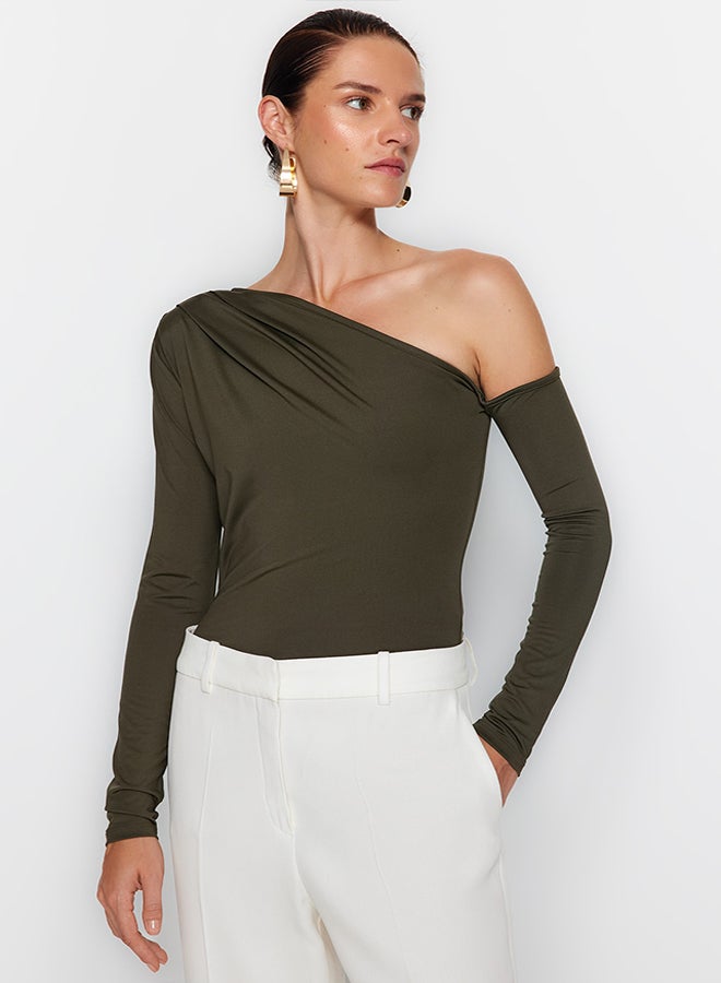 trendyol Khaki Asymmetric Collar Long Sleeve Flexible Snaps Knitted Bodysuit TWOAW22BD0080 - Image 2