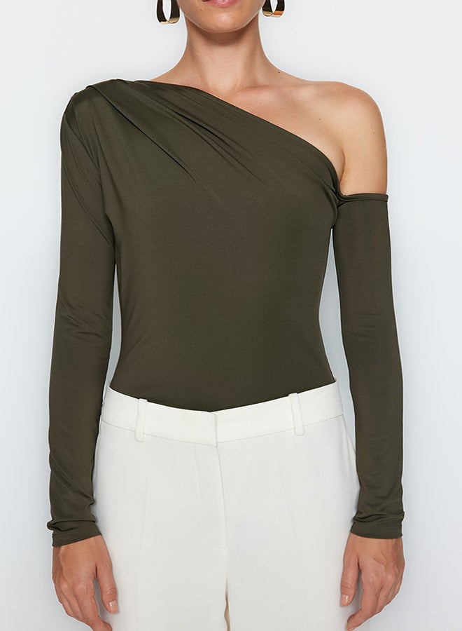 trendyol Khaki Asymmetric Collar Long Sleeve Flexible Snaps Knitted Bodysuit TWOAW22BD0080 - Image 4