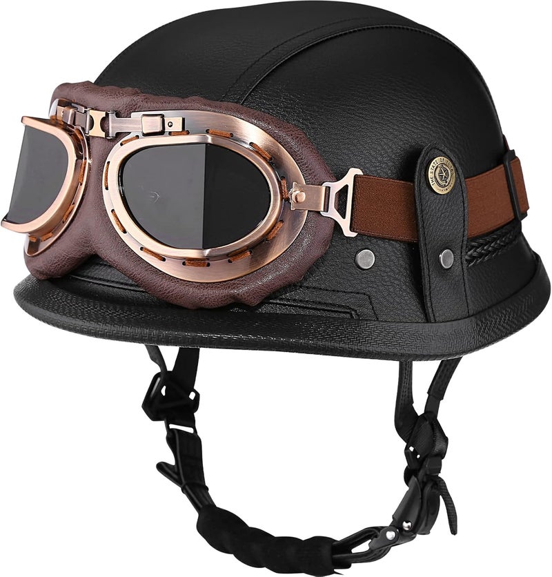 Yesmotor Retro German Handmade Leather Half Face Motorcycle Helmet with Goggles - DOT Approved - Image 1