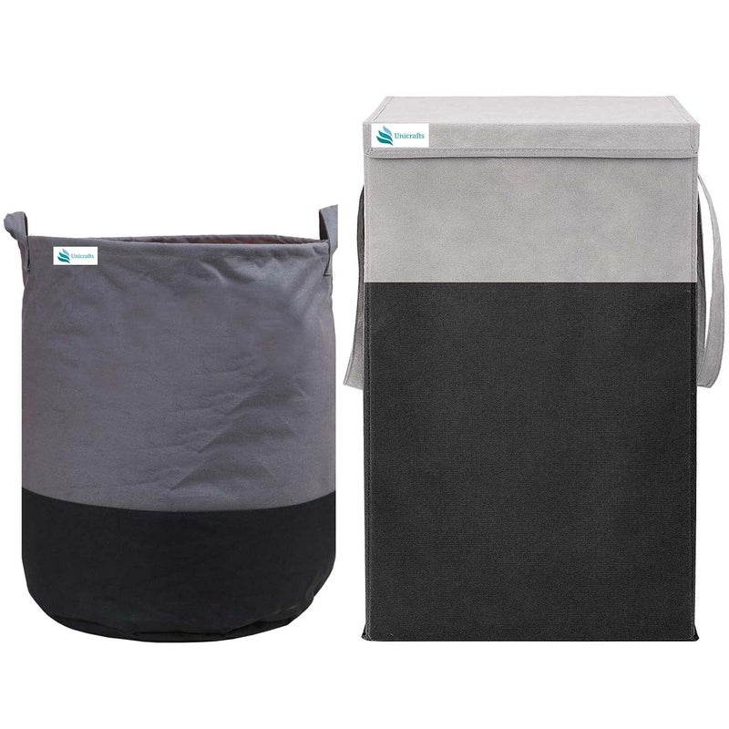 Unicrafts Laundry Bag 45 L Durable and Collapsible Laundry storage Bag Clothes Toys Storage Foldable 68 L Laundry Basket With Lid and Side Handles for Dirty Clothes Combo Pack of 2 Pc GreyBlack - Image 1
