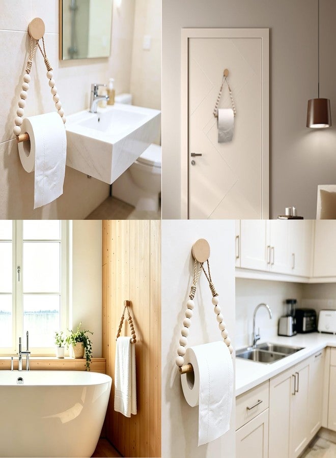 Dhshrxd Bathroom Toilet Paper Holder Wooden Bead Toilet Roll Holder Hanging Toilet Paper String Holder (Wood Color) - Image 2