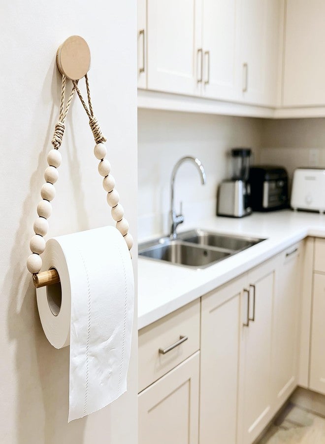 Dhshrxd Bathroom Toilet Paper Holder Wooden Bead Toilet Roll Holder Hanging Toilet Paper String Holder (Wood Color) - Image 4