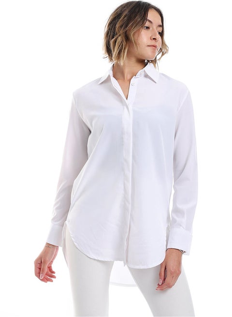 Plain Pattern Hidden Buttons Shirt _ White