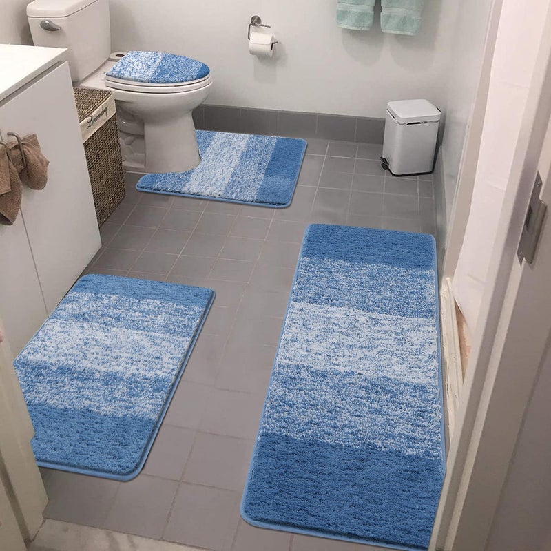 Bsmathom Bathroom Rugs Sets 4 Piece with Toilet Lid Cover NonSlip Bath Rugs for Bathroom Microfiber Shaggy Absorbent Bath Rugs with UShaped Toilet Rug Blue