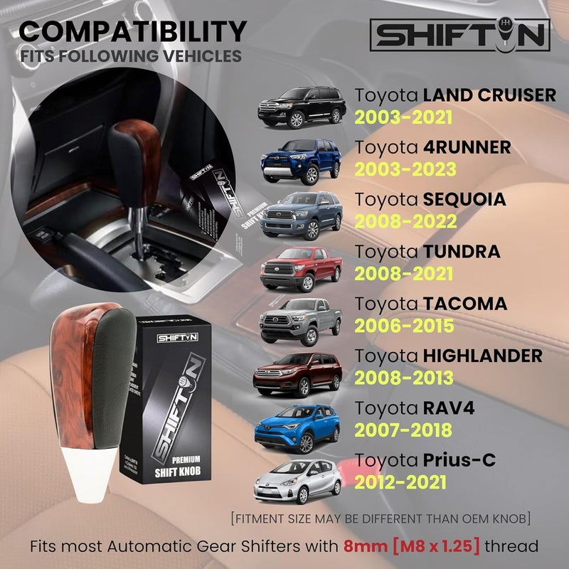 SHIFTIN مقبض ناقل الحركة من الجلد والخشب لتويوتا لاند كروزر، 4Runner، سيكويا، تندرا ولكزس (جلد أسود/خشب بورل) - Image 2