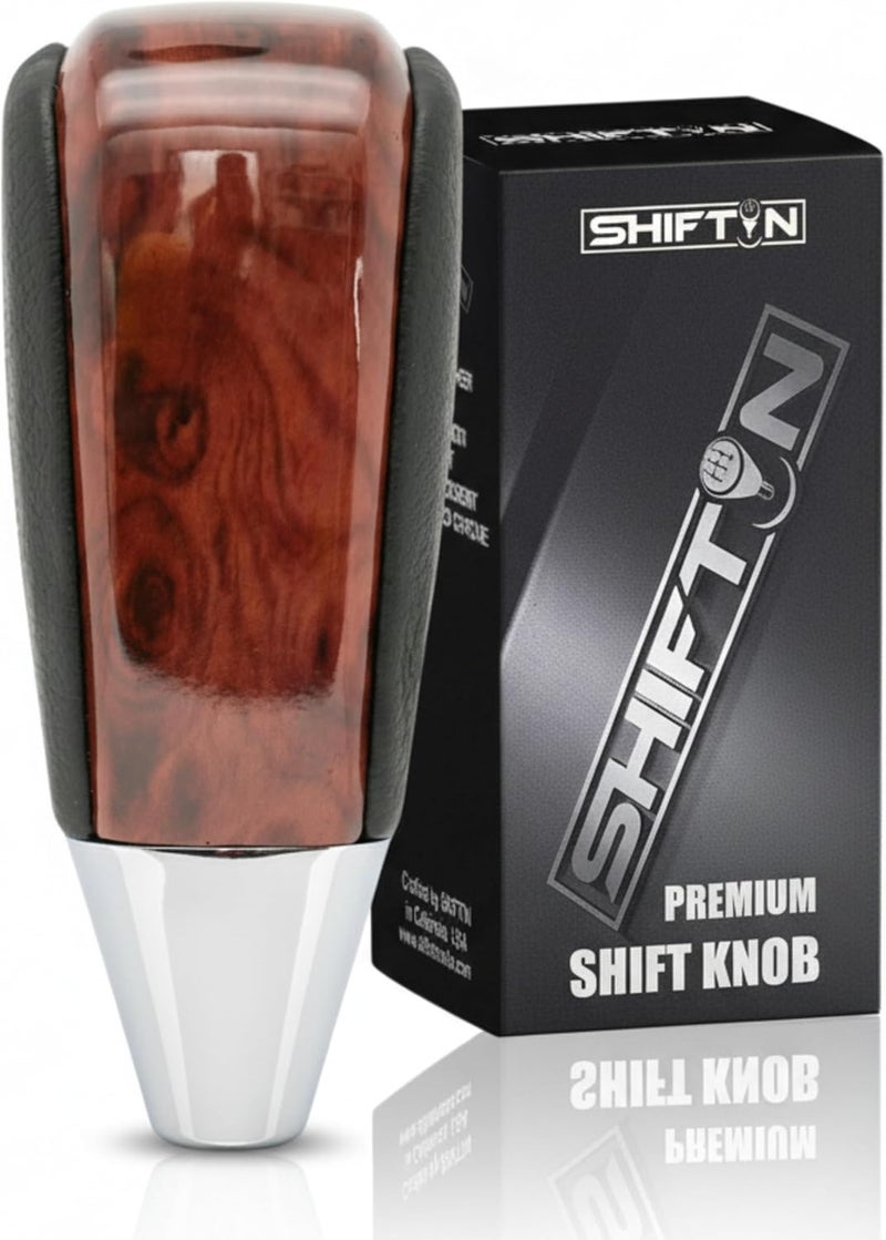 SHIFTIN مقبض ناقل الحركة من الجلد والخشب لتويوتا لاند كروزر، 4Runner، سيكويا، تندرا ولكزس (جلد أسود/خشب بورل) - Image 1