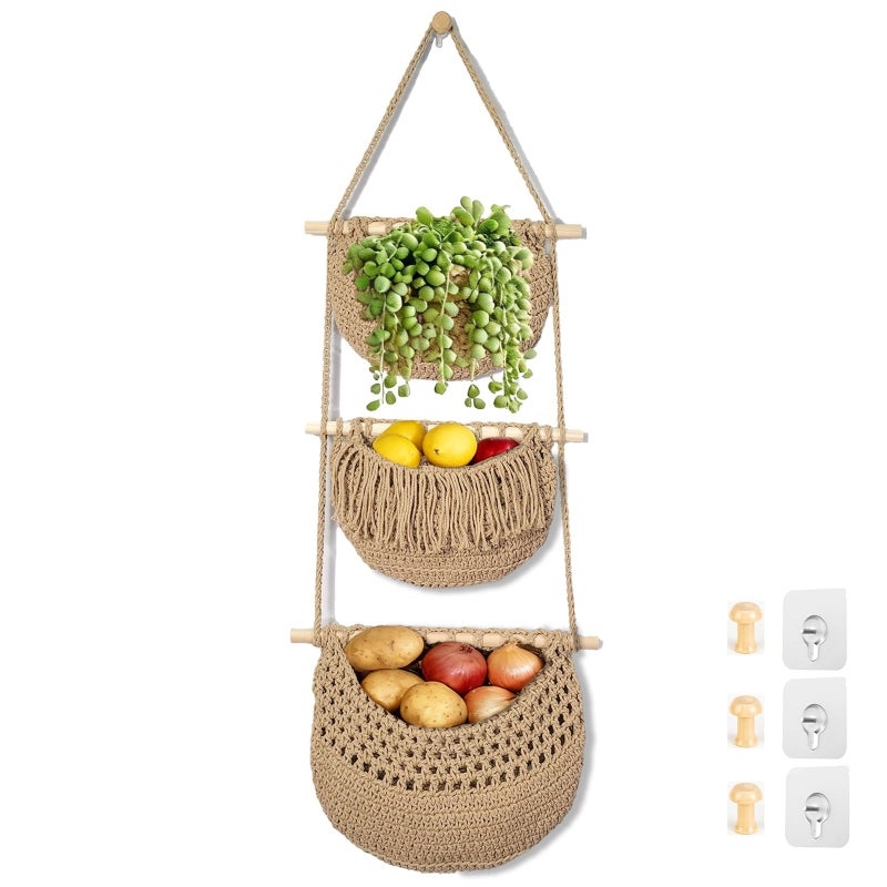 Halidali 3 Tier Hanging Fruit Baskets for Kitchen, Boho Cotton Rope Handwoven Vegetable Hammock Produce Storage Wall Mounted Large Organizing Basket for Farmhouse Decor, Over The Door, Onion, Potato (Linen) - Image 1