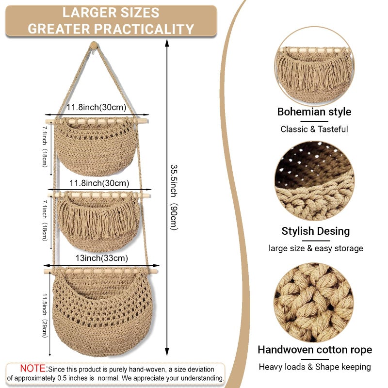 Halidali 3 Tier Hanging Fruit Baskets for Kitchen, Boho Cotton Rope Handwoven Vegetable Hammock Produce Storage Wall Mounted Large Organizing Basket for Farmhouse Decor, Over The Door, Onion, Potato (Linen) - Image 2