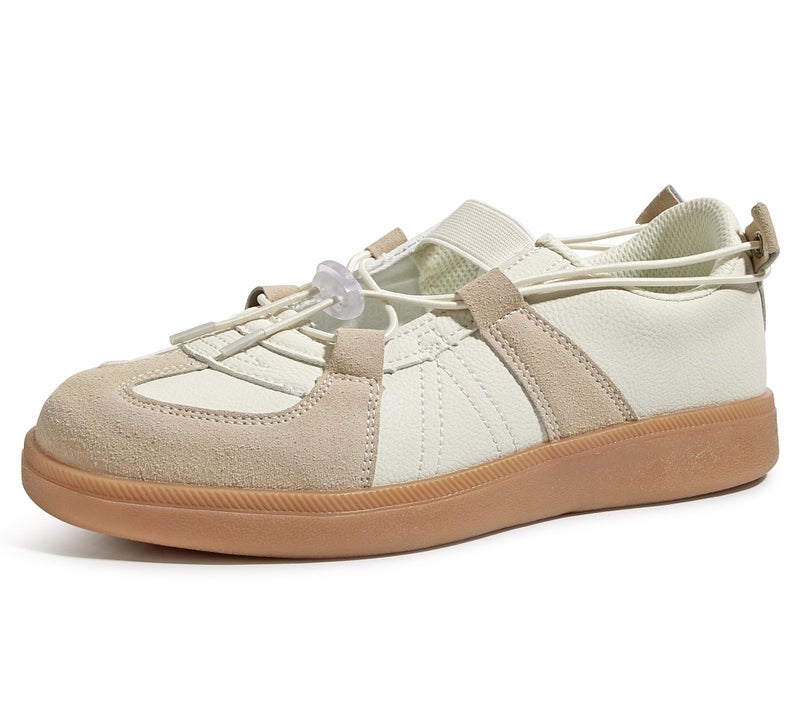 LUCKY STEP Women's Retro Fashion Sneakers Casual Comfortable Ballet Flats Lightweight Breathable Skate Shoes(6 M US Beige) - Image 1