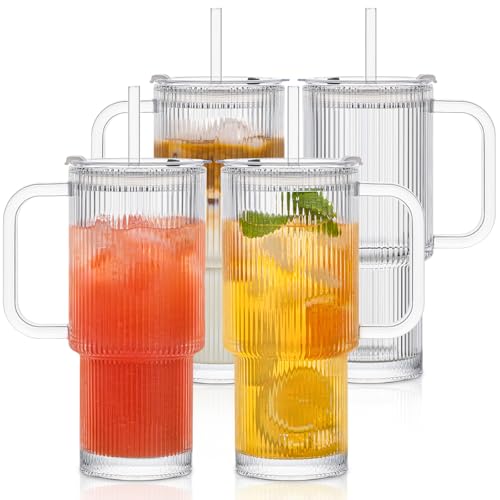 INSETLAN 26oz Ribbed Glass Tumbler with Handle & Lid – 4-Pack Large Iced Coffee Cups with Straws, Modern Glass Mug for Cold & Hot Beverages, Aesthetic Travel Cup for Smoothies, Tea, and Juice - Image 1