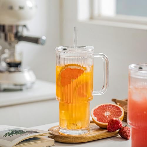 INSETLAN 26oz Ribbed Glass Tumbler with Handle & Lid – 4-Pack Large Iced Coffee Cups with Straws, Modern Glass Mug for Cold & Hot Beverages, Aesthetic Travel Cup for Smoothies, Tea, and Juice - Image 3