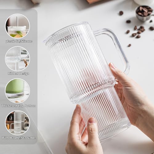 INSETLAN 26oz Ribbed Glass Tumbler with Handle & Lid – 4-Pack Large Iced Coffee Cups with Straws, Modern Glass Mug for Cold & Hot Beverages, Aesthetic Travel Cup for Smoothies, Tea, and Juice - Image 5